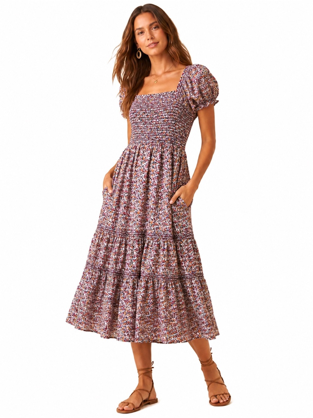 🌺OPT Floral Smocked Midi Dress with Puff Sleeves